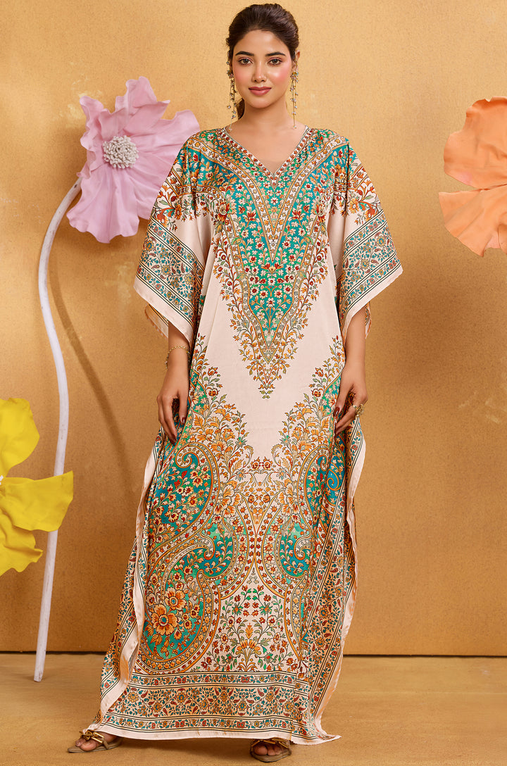 Golden Paisley Long Satin Kaftan Dress - Buy Women Kaftan Online India | Label Aarna
