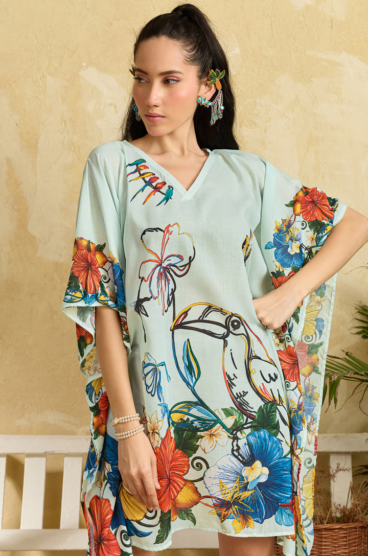 Tropical Toucan Muslin Cotton Women Short Kaftan Dress with Digital Print