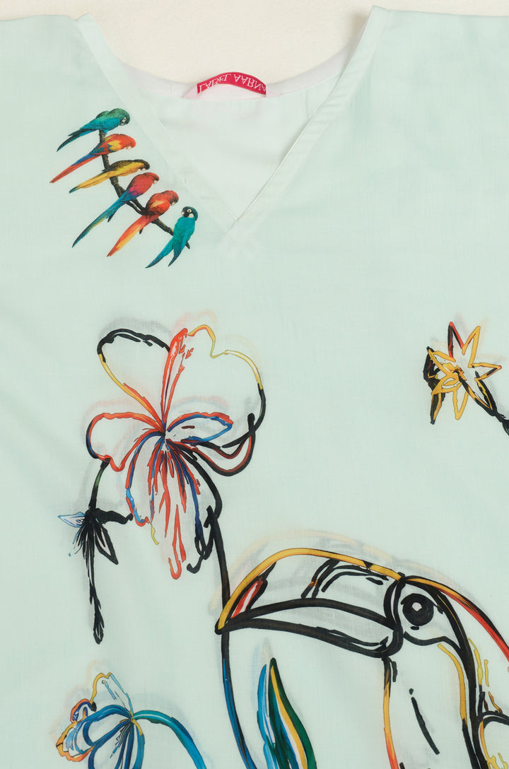Tropical Toucan Muslin Cotton Women Short Kaftan Dress with Digital Print