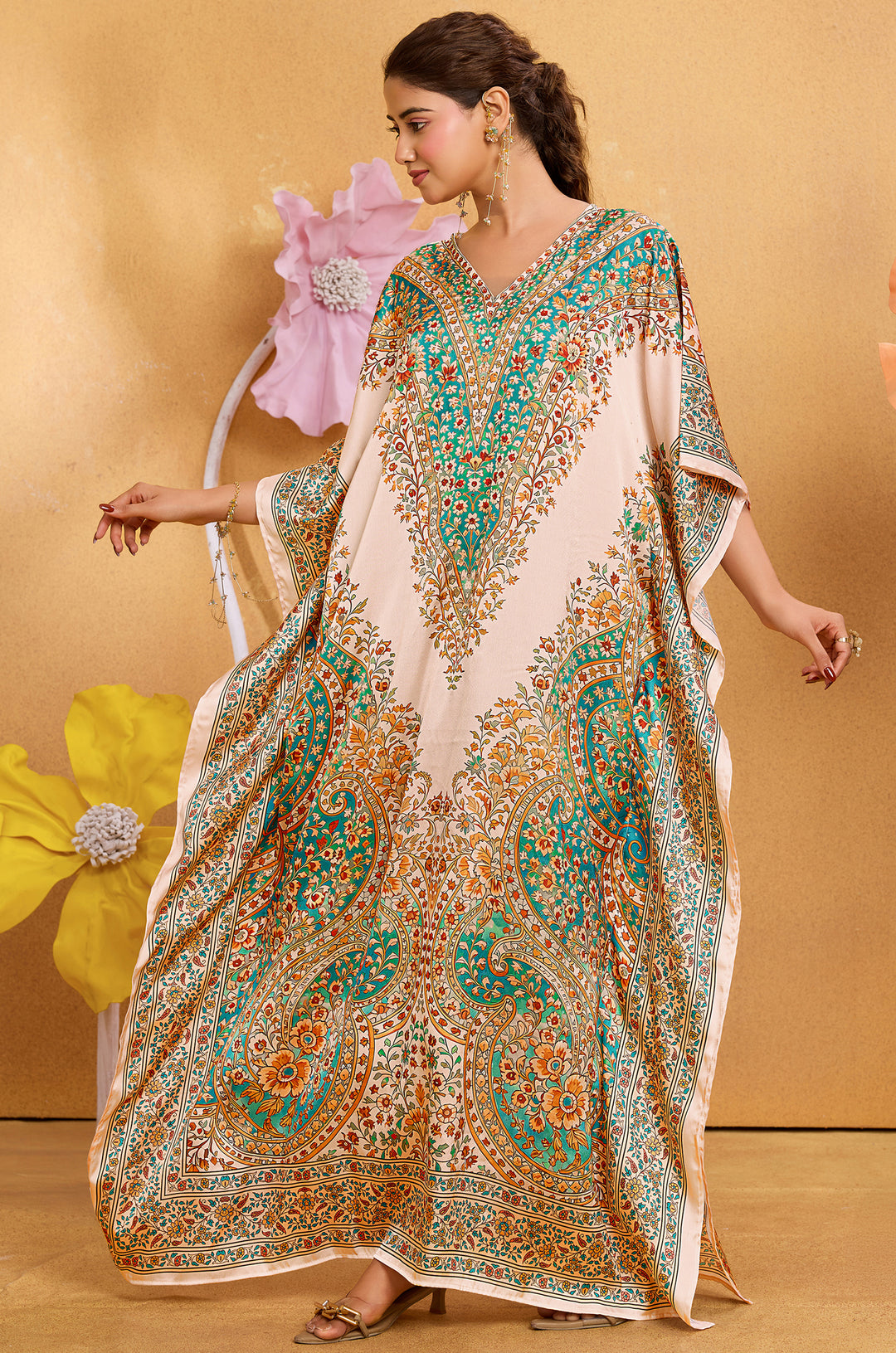 Golden Paisley Satin Kaftan - Free Size M-3XL | Label Aarna