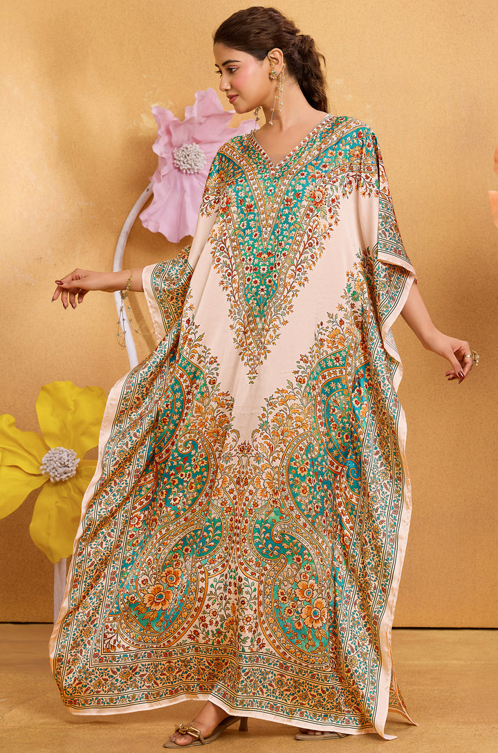 Golden Paisley Satin Kaftan - Free Size M-3XL | Label Aarna
