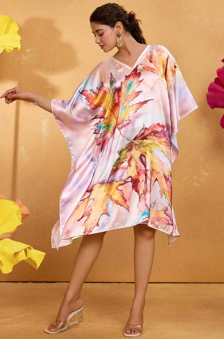 Saffron Bloom Satin Kaftan - Free Size M-3XL | Label Aarna