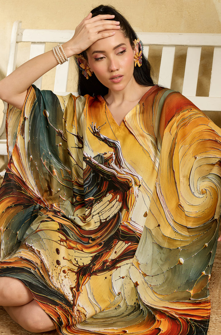 Whirling Girl Muslin Cotton Women Short Kaftan Dress with Digital Print