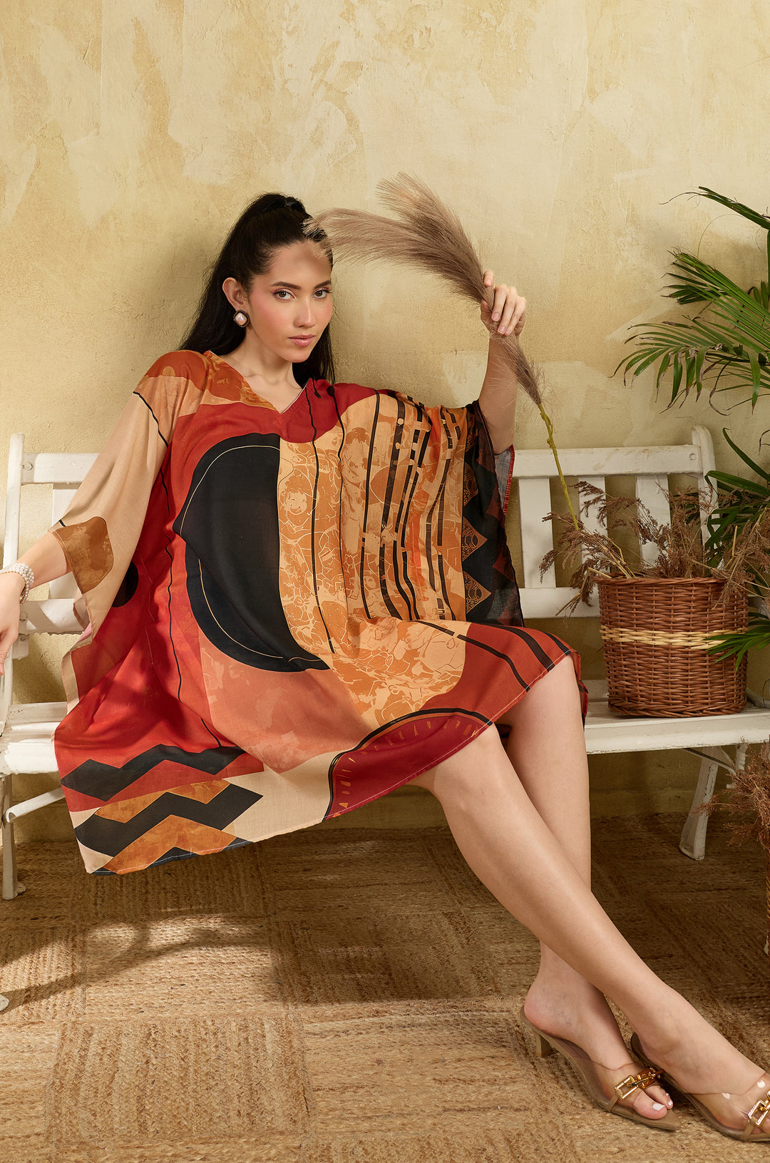 Autumn Muse Muslin Cotton Women Short Kaftan Dress with Digital Print