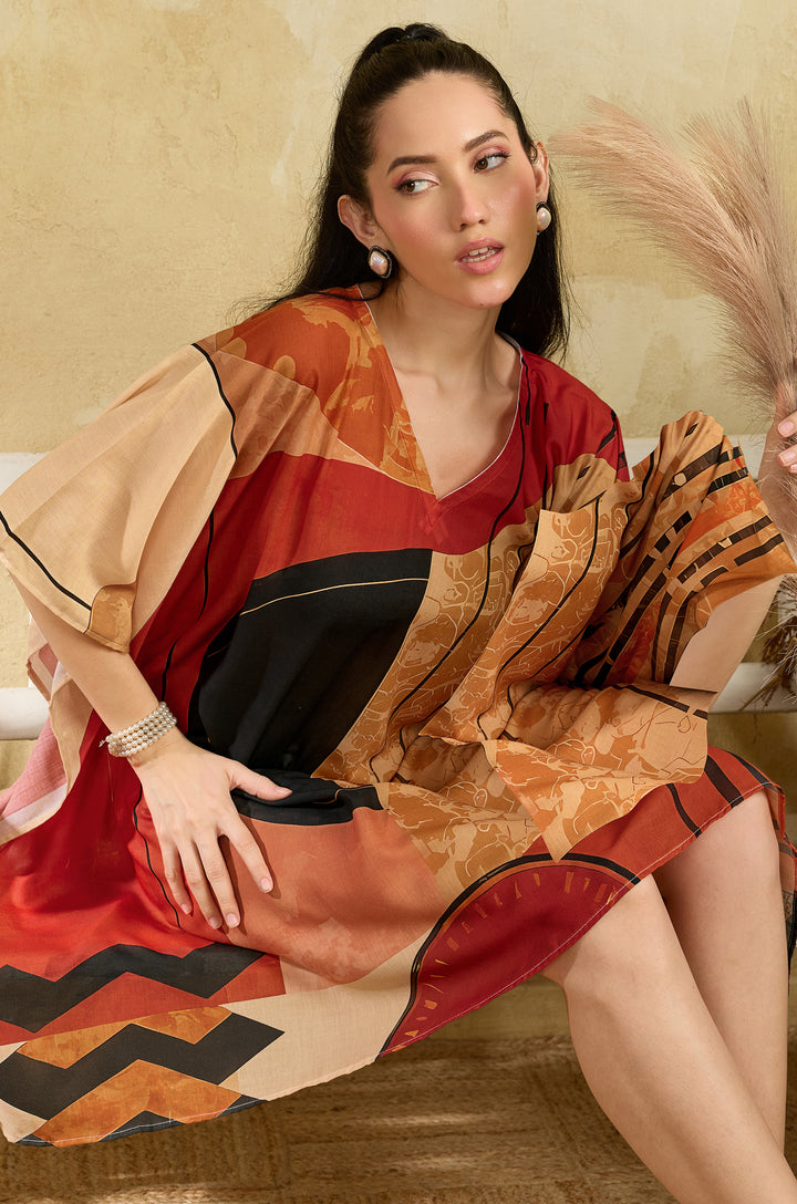 Autumn Muse Muslin Cotton Women Short Kaftan Dress with Digital Print