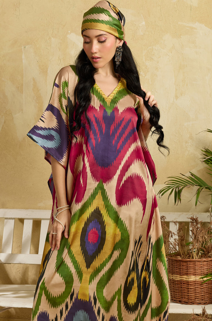 Canvas Affair Soft Satin Long Women Kaftan Dress with Digital Print