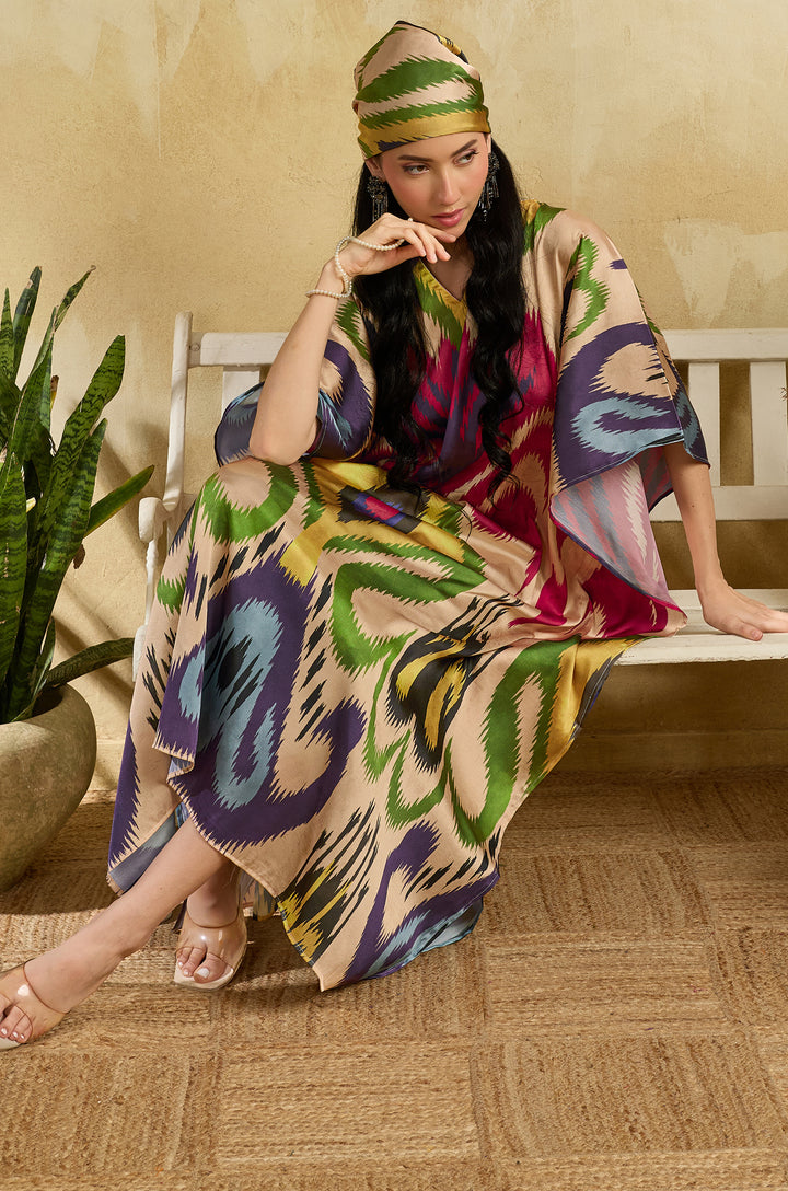 Canvas Affair Soft Satin Long Women Kaftan Dress with Digital Print