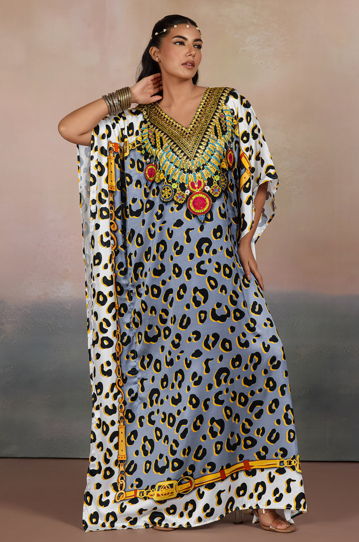 Grey Safari Chic Luxe Soft Satin Women Kaftan Dress with Rhinestone | Digital Print