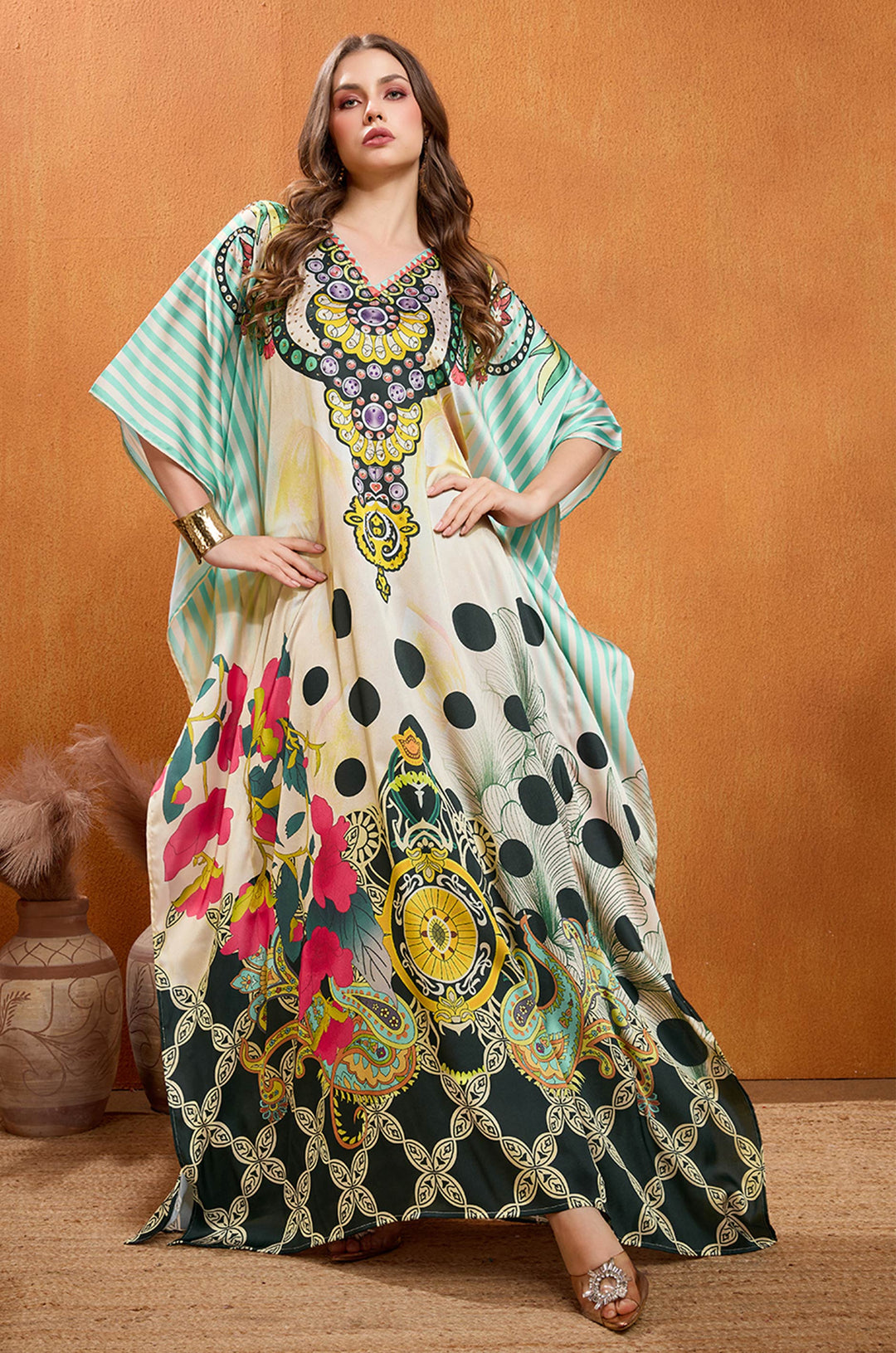 satin kaftan dress Evergreen Lagoon Satin Long Kaftan with Rhinestones