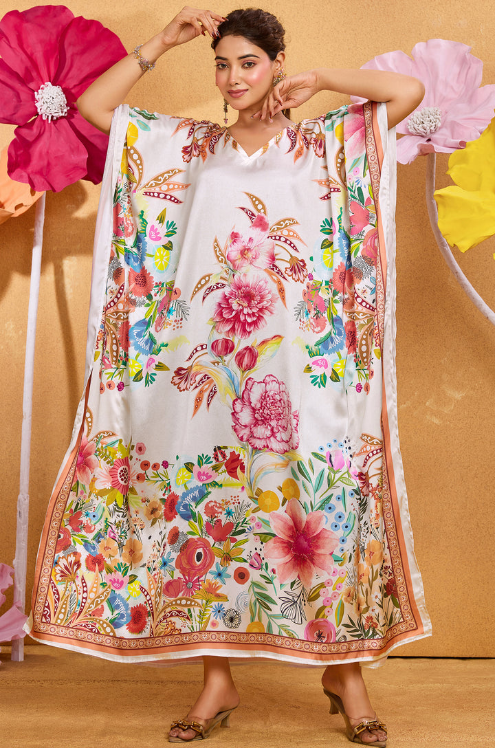 Tropical Aura Long Satin Kaftan Dress - Buy Women Kaftan Online India | Label Aarna