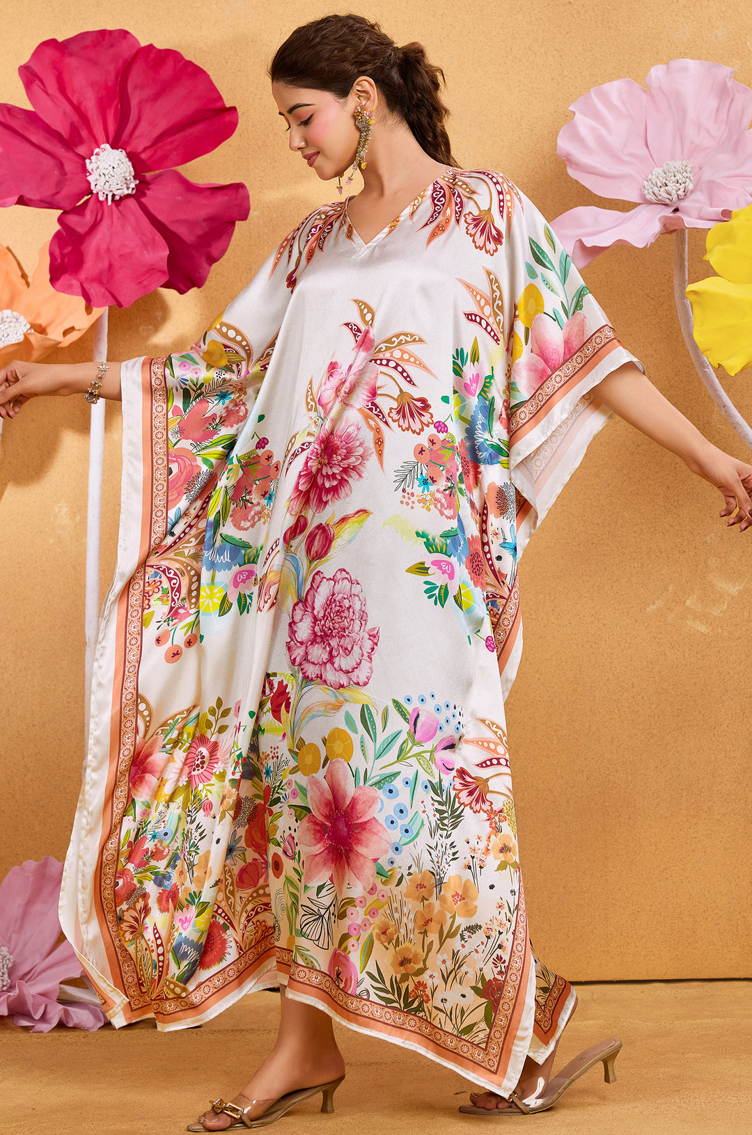 Tropical Aura Satin Kaftan - Free Size M-3XL | Label Aarna