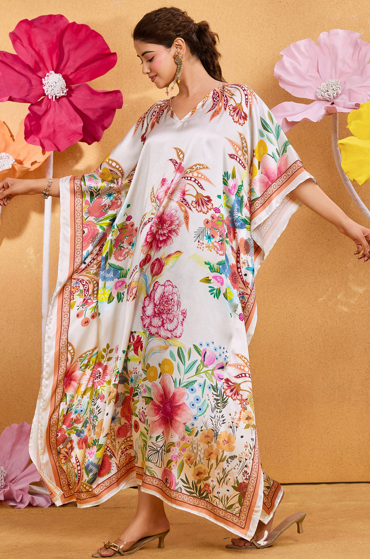 Tropical Aura Satin Kaftan - Free Size M-3XL | Label Aarna