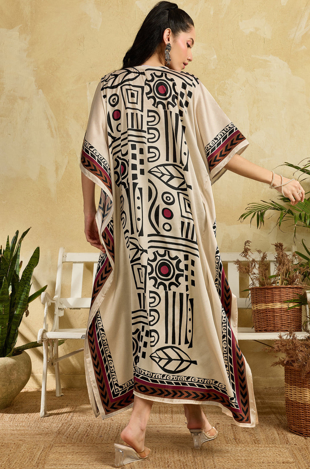 Boho Mosaic Soft Satin Long Women Kaftan Dress with Digital Print