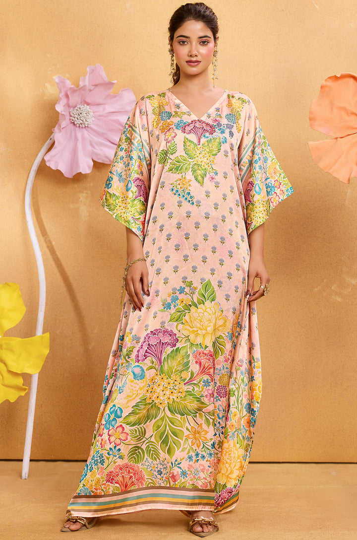 Secret Garden Long Satin Kaftan Dress - Buy Women Kaftan Online India | Label Aarna