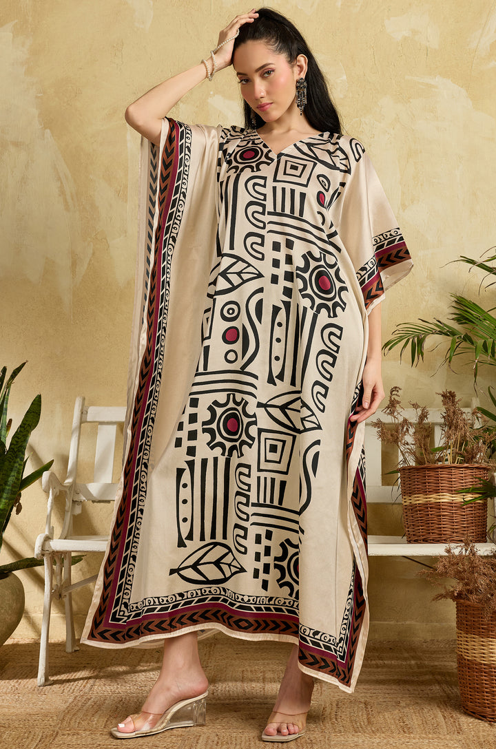 Boho Mosaic Soft Satin Long Women Kaftan Dress with Digital Print