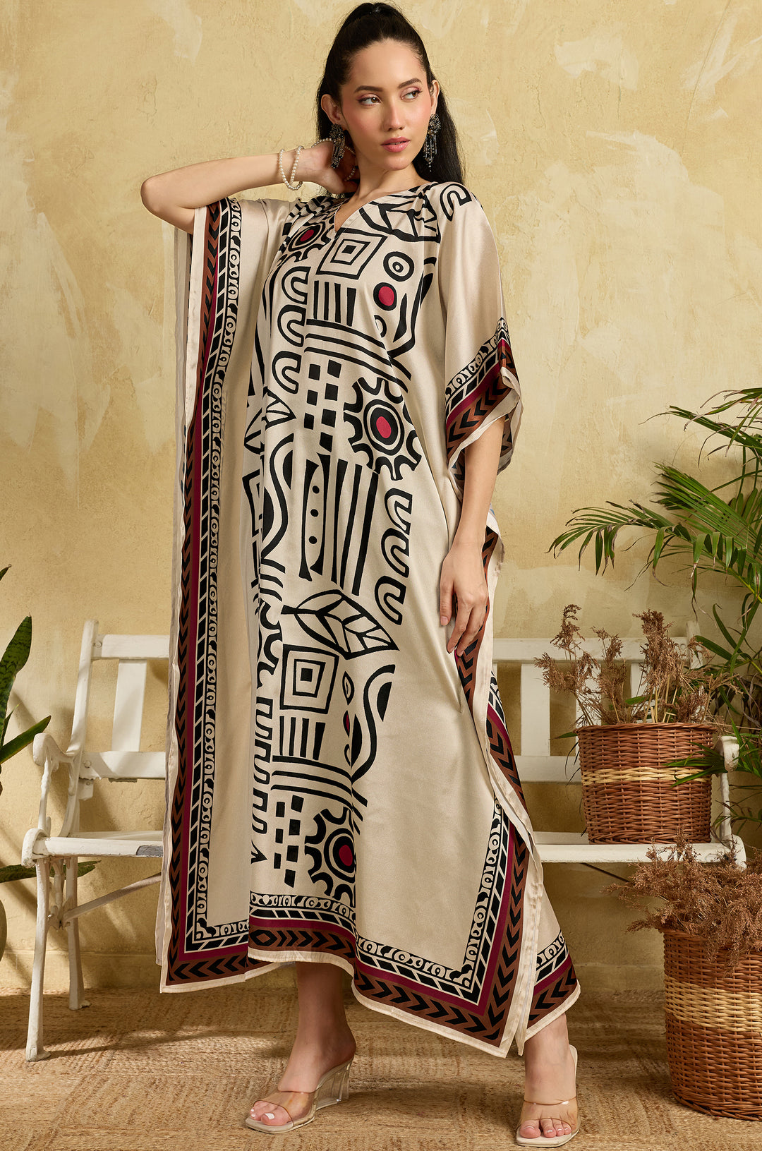 Boho Mosaic Soft Satin Long Women Kaftan Dress with Digital Print