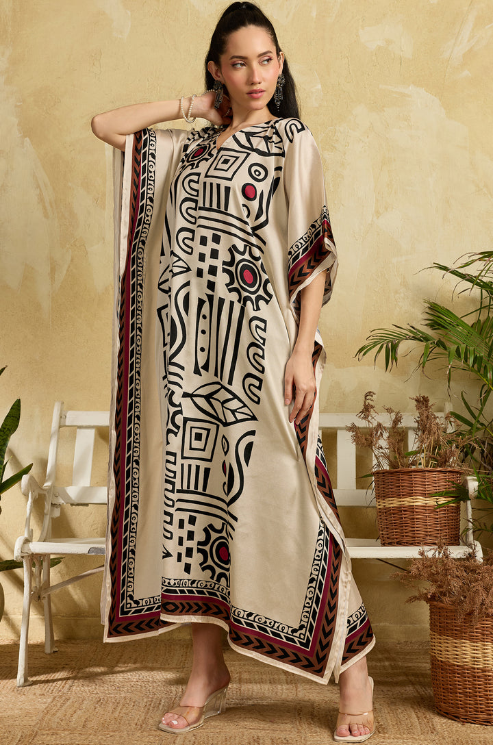 Boho Mosaic Soft Satin Long Women Kaftan Dress with Digital Print