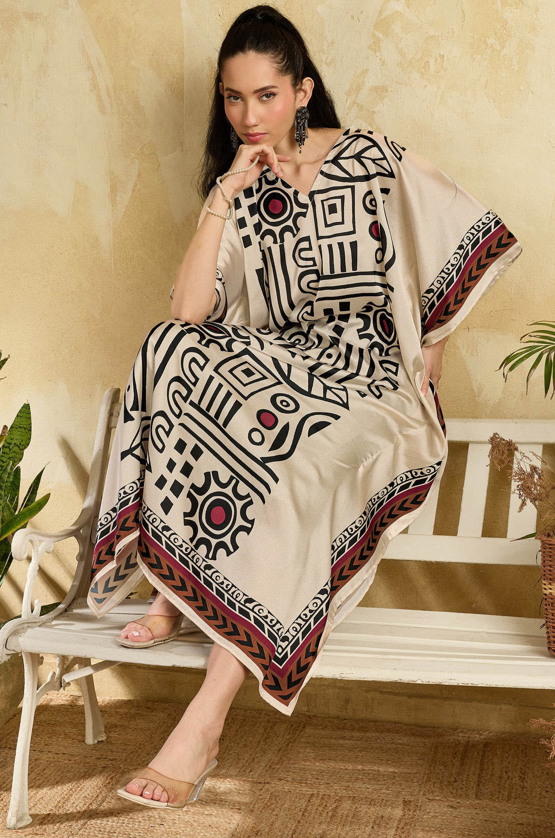 Boho Mosaic Soft Satin Long Women Kaftan Dress with Digital Print