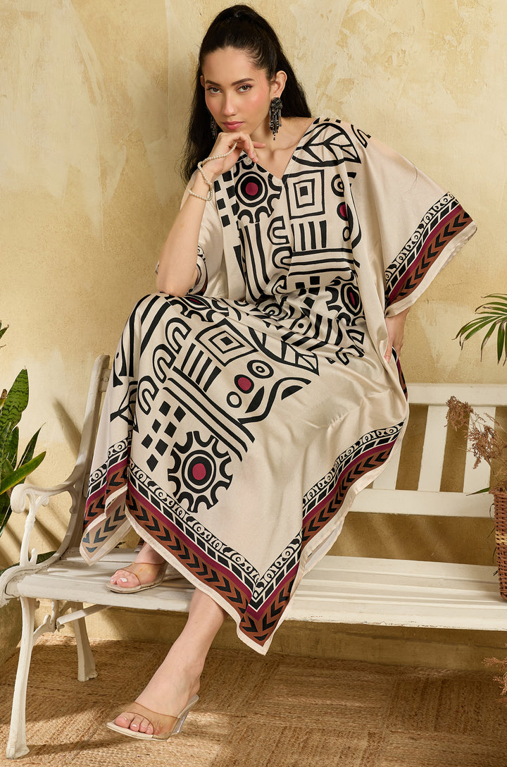 Boho Mosaic Soft Satin Long Women Kaftan Dress with Digital Print