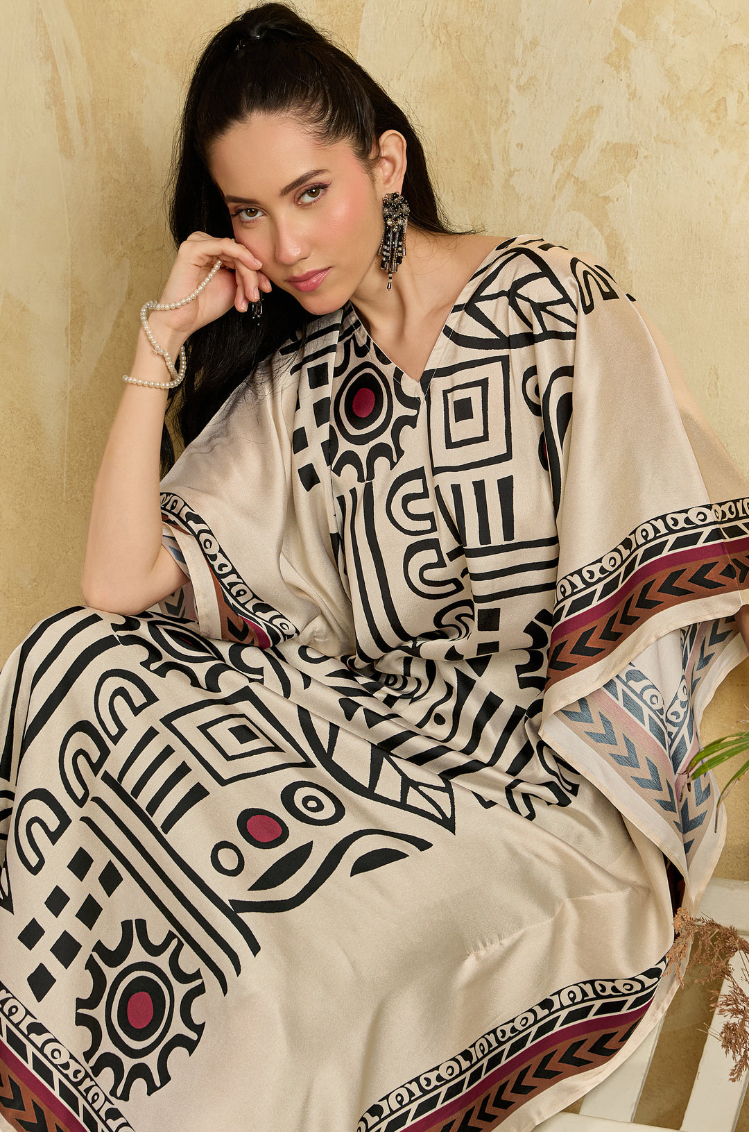 Boho Mosaic Soft Satin Long Women Kaftan Dress with Digital Print