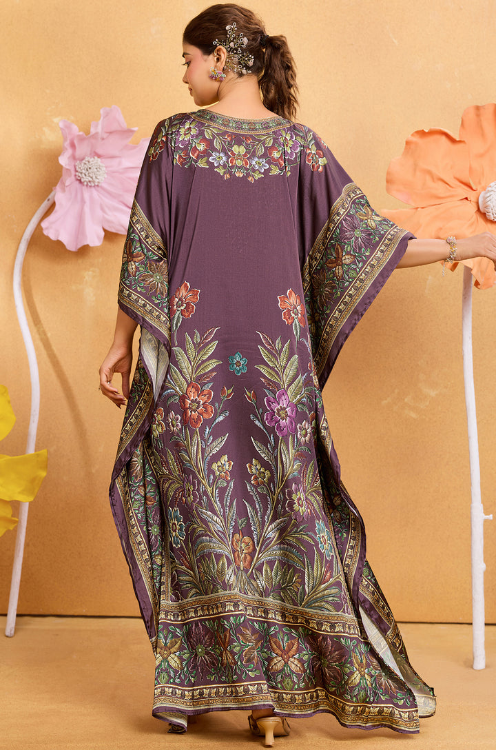 Wine Grace Kaftan - Women's Satin Kaftan Online India | Label Aarna