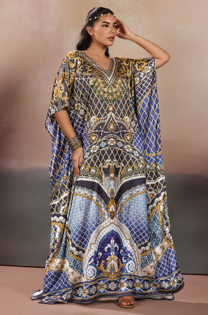 Deep Jewel Soft Satin Women Kaftan Dress with Rhinestone | Digital Print