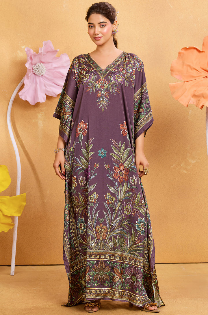 Wine Grace Long Satin Kaftan Dress - Buy Women Kaftan Online India | Label Aarna