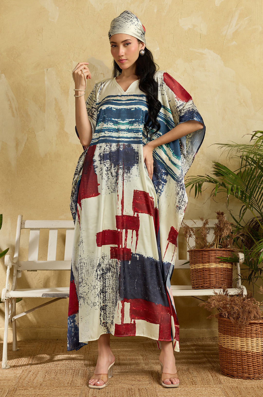 Art Deco Soft Satin Long Women Kaftan Dress with Digital Print