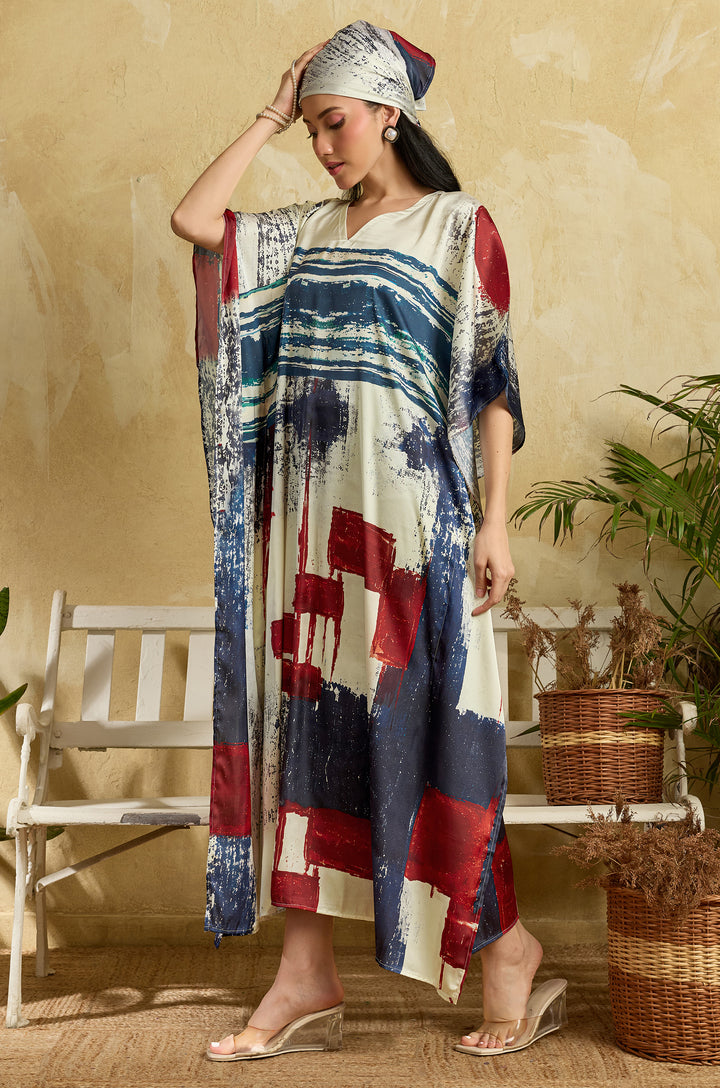 Art Deco Soft Satin Long Women Kaftan Dress with Digital Print