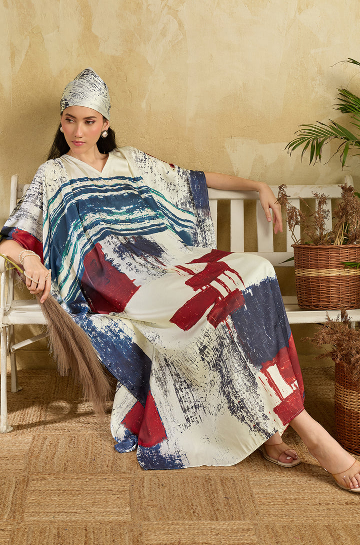 Art Deco Soft Satin Long Women Kaftan Dress with Digital Print