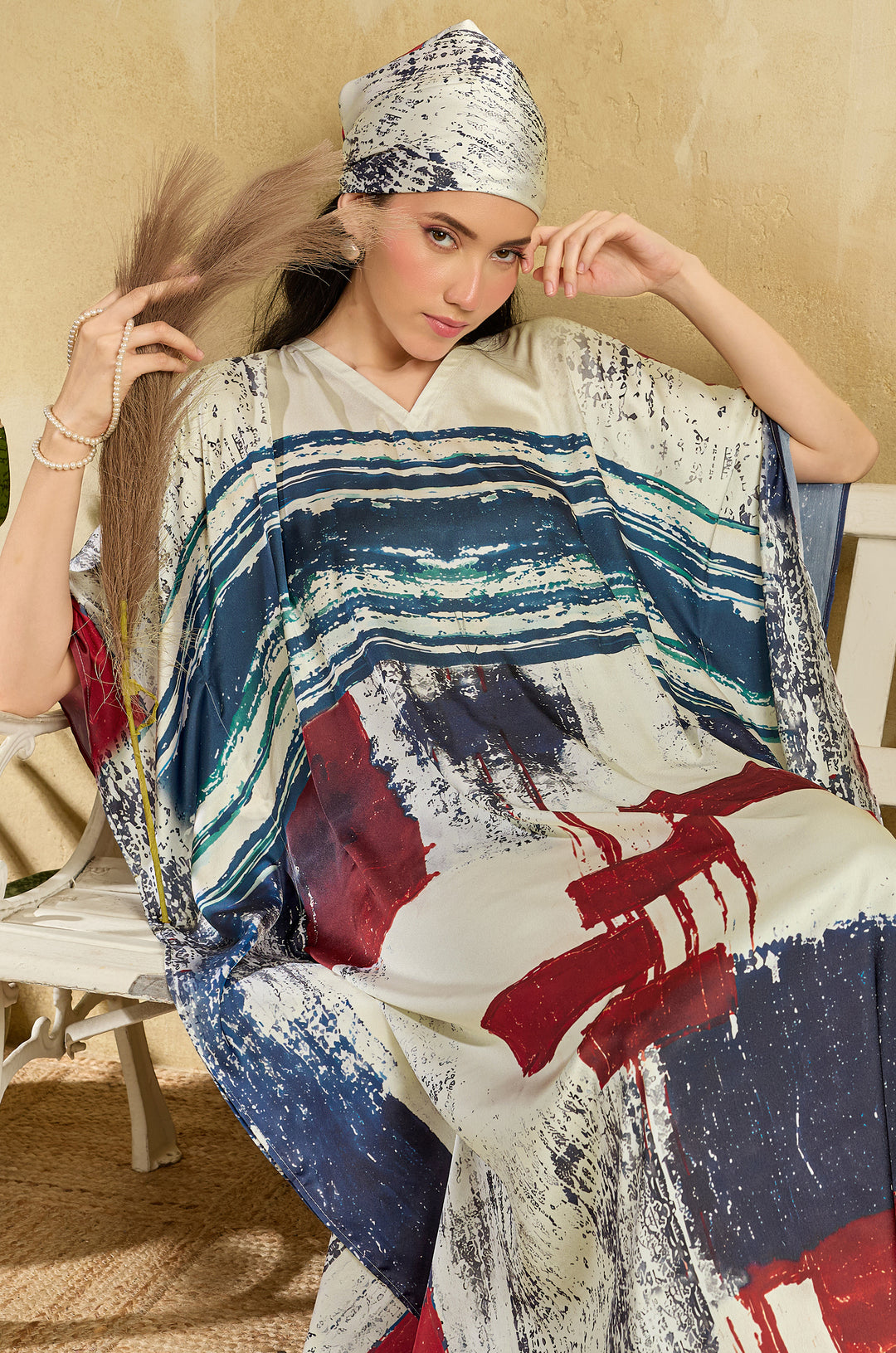 Art Deco Soft Satin Long Women Kaftan Dress with Digital Print