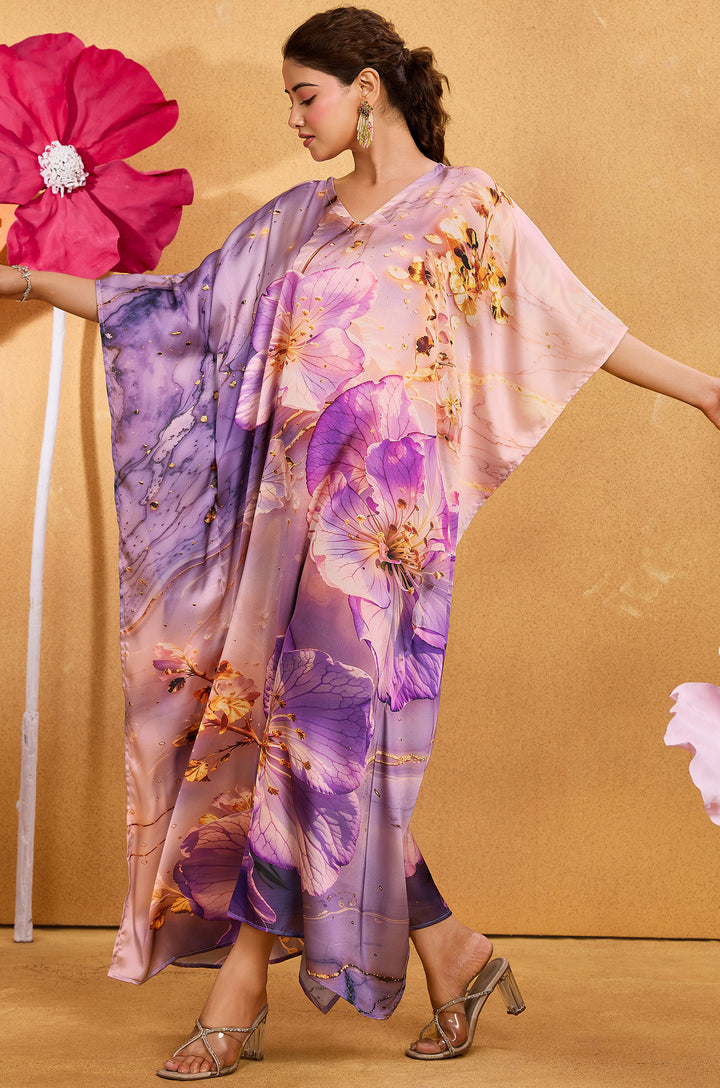 Lilac Muse Satin Kaftan - Free Size M-3XL | Label Aarna