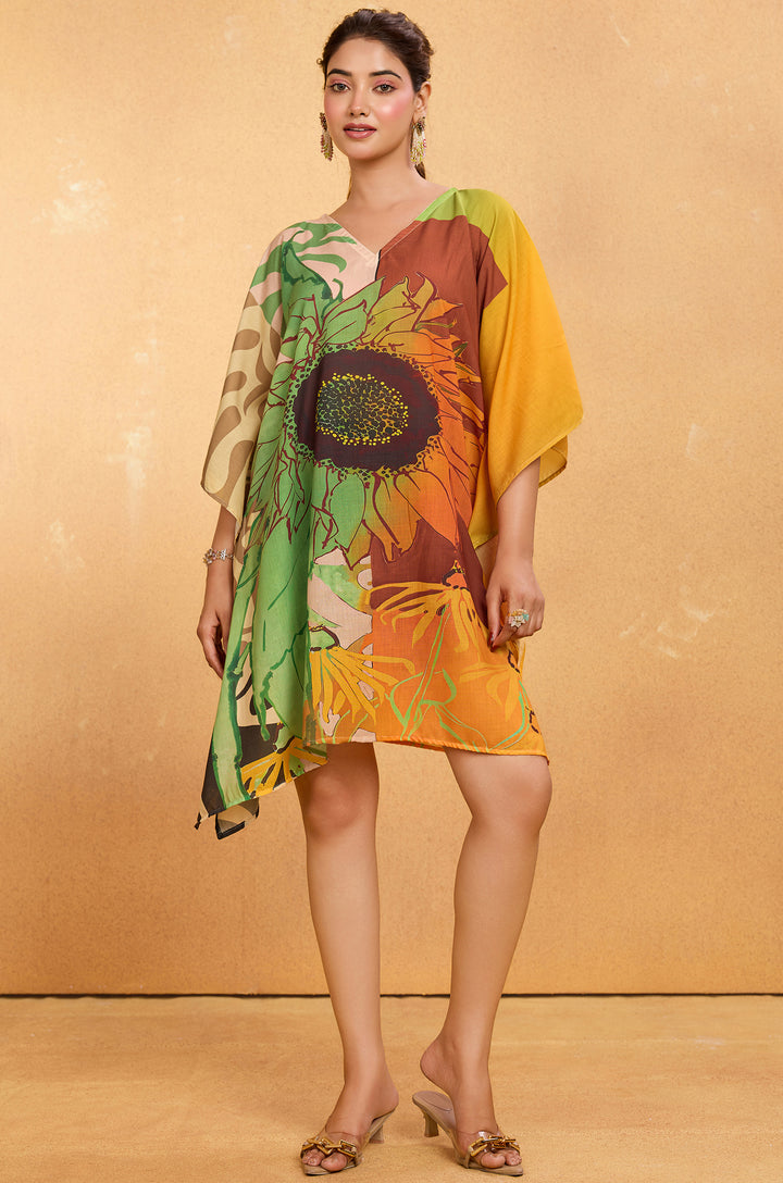 Sunflower Short Muslin Cotton Kaftan Dress - Buy Women Kaftan Online India | Label Aarna