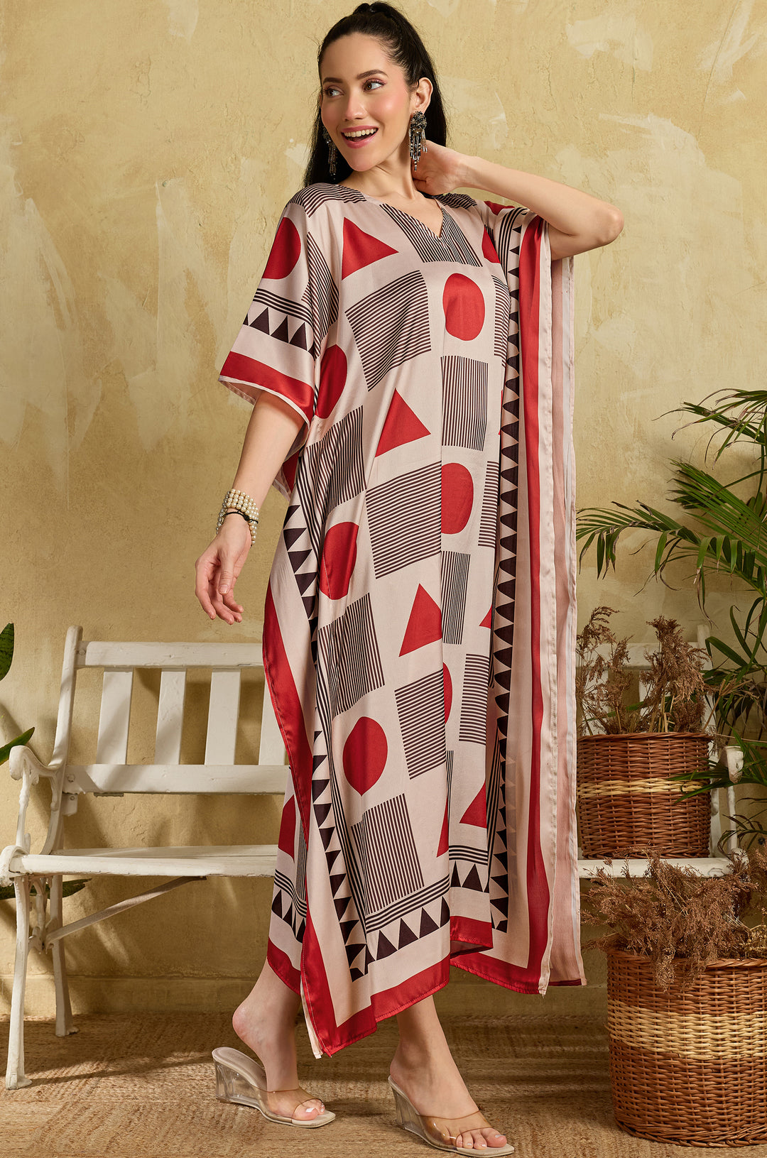 Red Mosaic Soft Satin Long Women Kaftan Dress with Digital Print