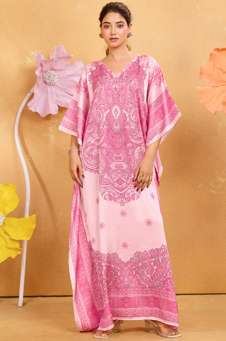 Pink Radiance Long Satin Kaftan Dress - Buy Women Kaftan Online India | Label Aarna