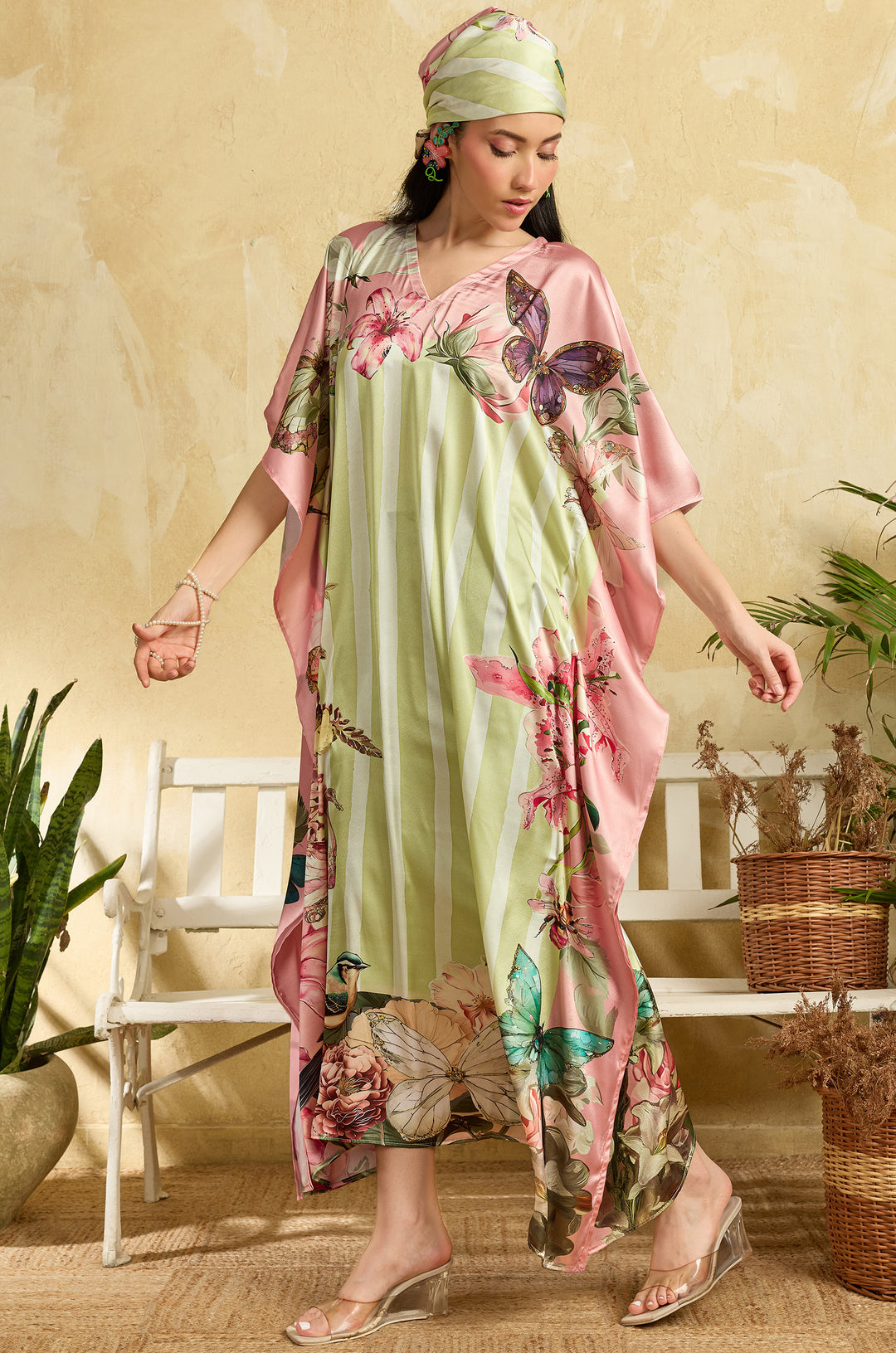Butterfly Veil Soft Satin Long Women Kaftan Dress with Digital Print