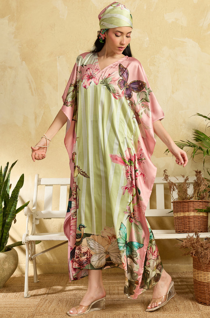 Butterfly Veil Soft Satin Long Women Kaftan Dress with Digital Print
