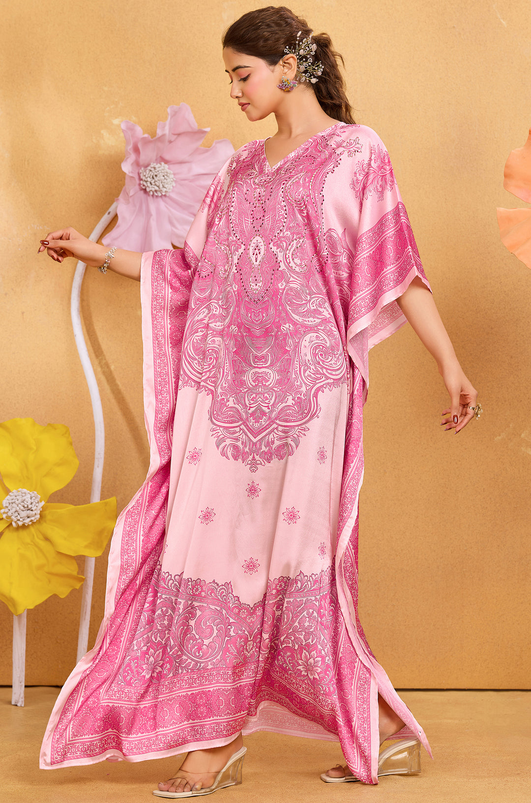 Pink Radiance Satin Kaftan - Free Size M-3XL | Label Aarna