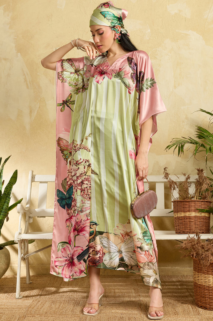 Butterfly Veil Soft Satin Long Women Kaftan Dress with Digital Print