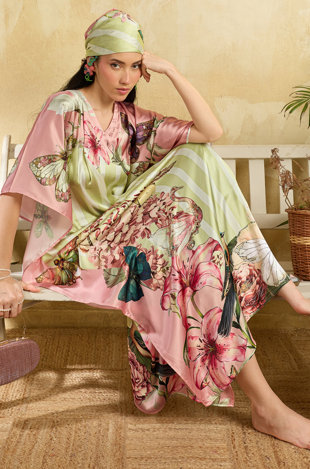 Butterfly Veil Soft Satin Long Women Kaftan Dress with Digital Print