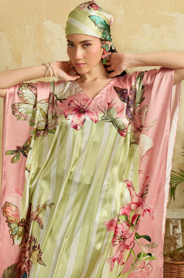 Butterfly Veil Soft Satin Long Women Kaftan Dress with Digital Print