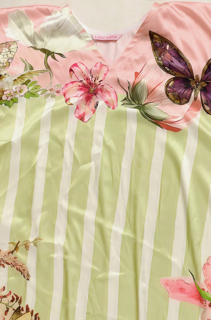 Butterfly Veil Soft Satin Long Women Kaftan Dress with Digital Print