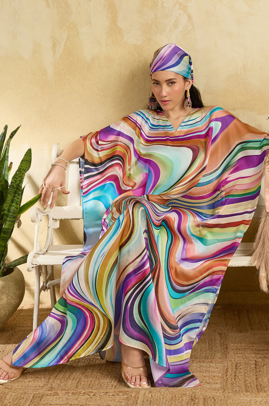 Colour Theory Soft Satin Long Women Kaftan Dress with Digital Print