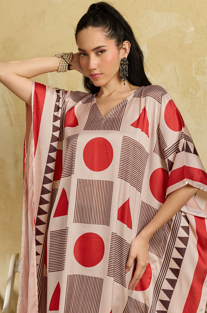 Red Mosaic Soft Satin Long Women Kaftan Dress with Digital Print