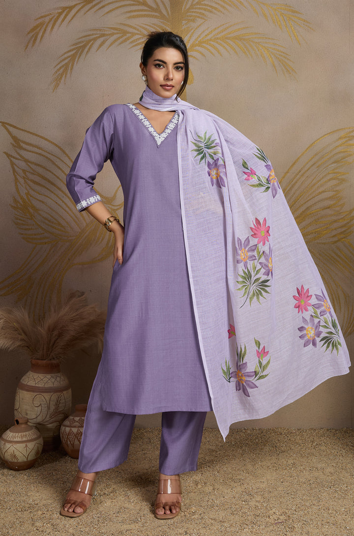 Timeless Lavender Viscose Silk Women Suit Set with Linen Brush Print Dupatta