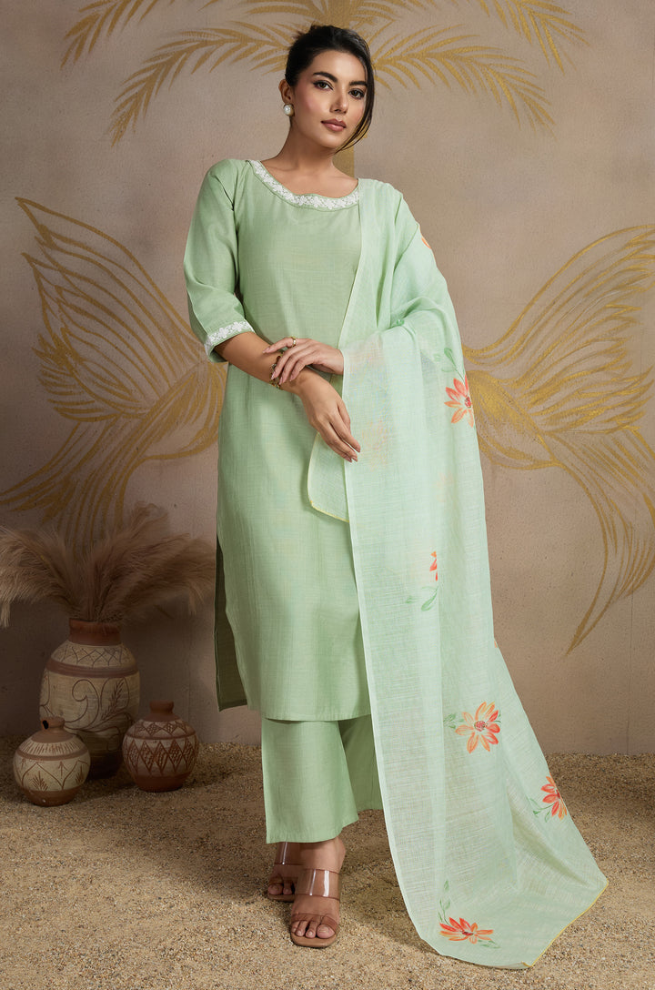 Serene Pastel Viscose Silk Women Suit Set with Linen Brush Print Dupatta