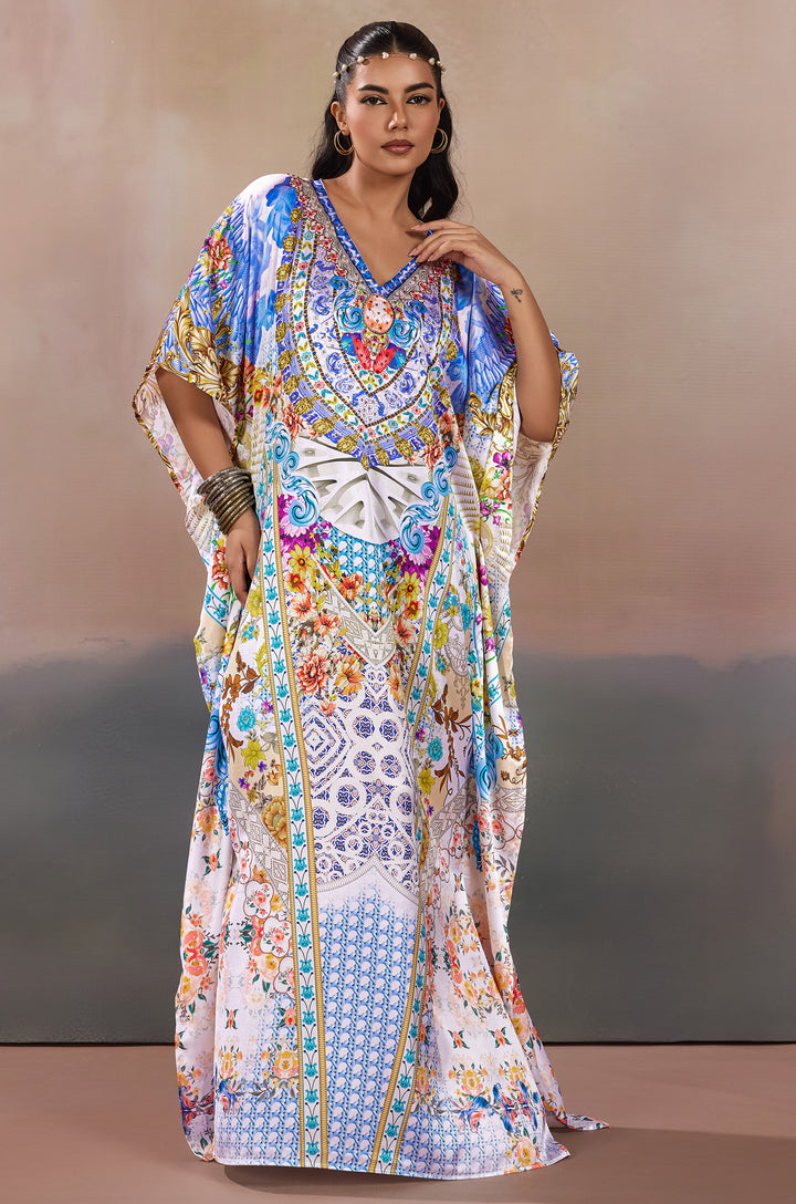 Mediterranean Fantasy Soft Satin Women Kaftan Dress with Rhinestone | Digital Print