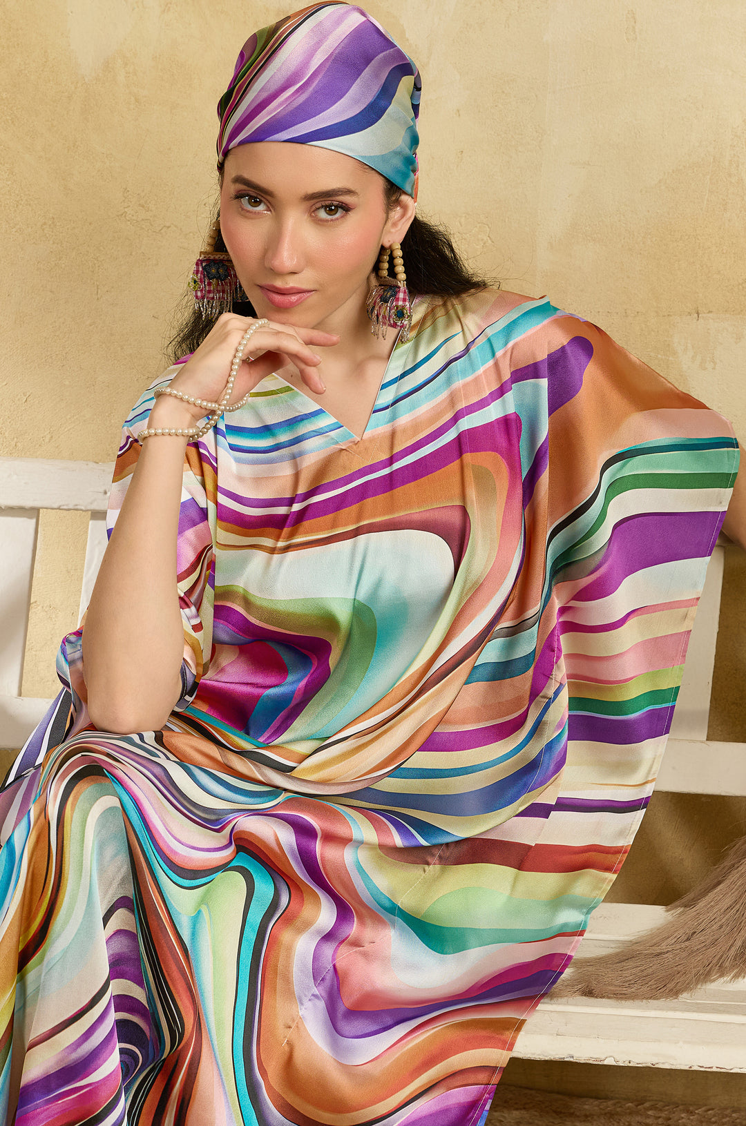 Colour Theory Soft Satin Long Women Kaftan Dress with Digital Print