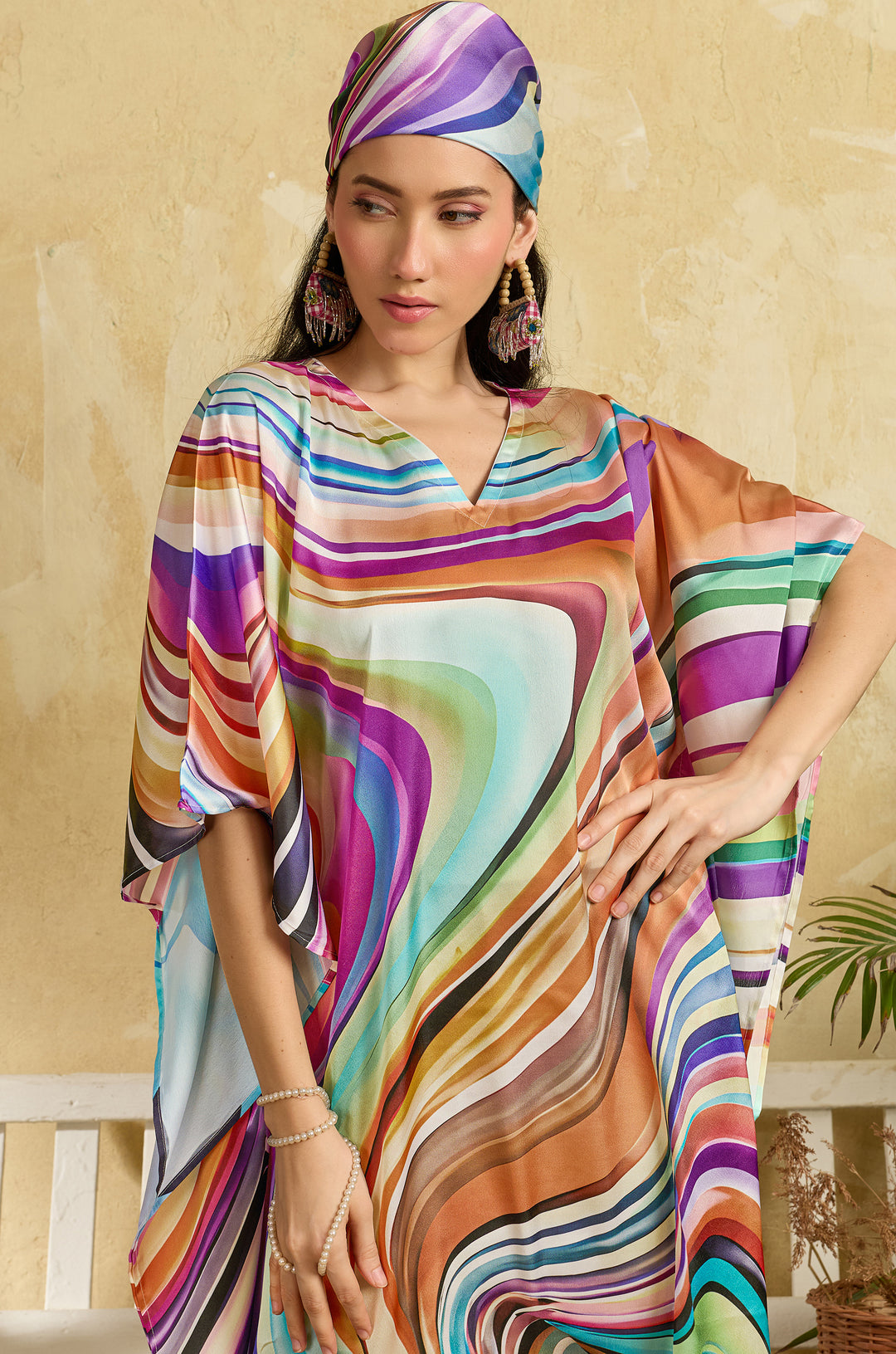 Colour Theory Soft Satin Long Women Kaftan Dress with Digital Print