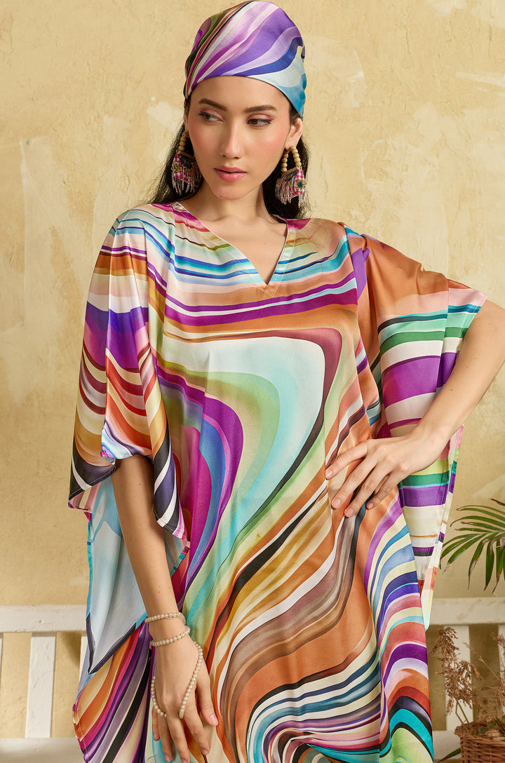 Colour Theory Soft Satin Long Women Kaftan Dress with Digital Print
